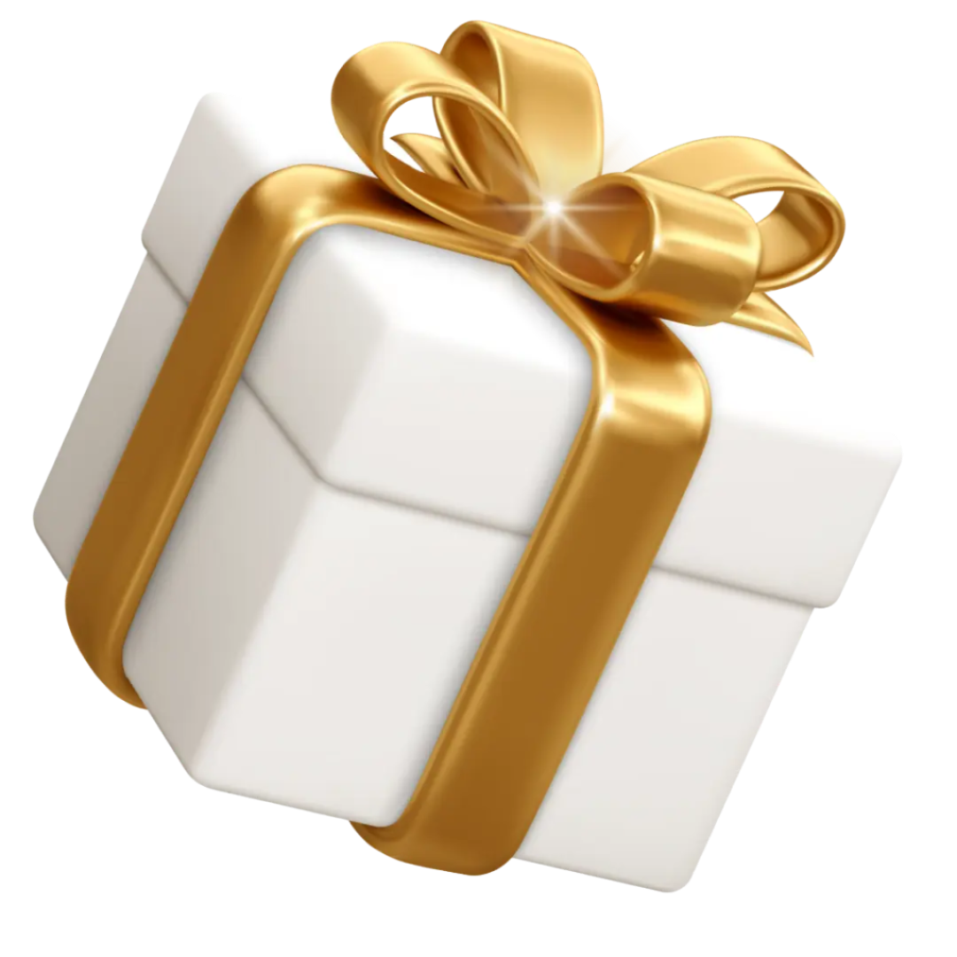 White gift box with a gold ribbon on a white background
