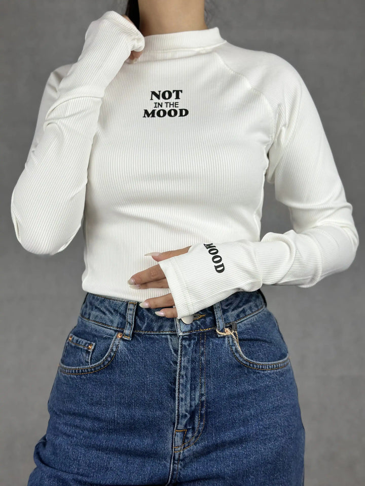 Бяло рипсено боди „Not in the Mood“